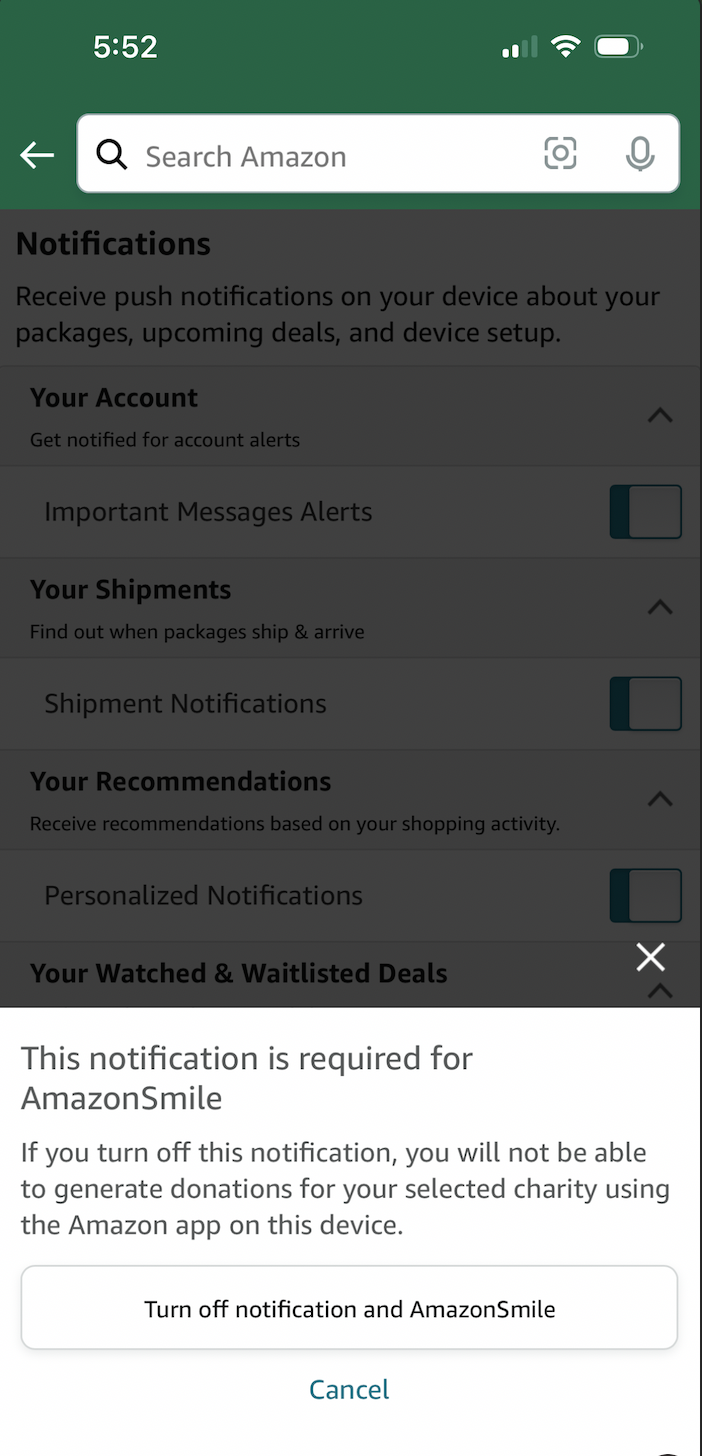 Screenshot of Amazon App Settings showing AmazonSmile being disabled if you turn off push