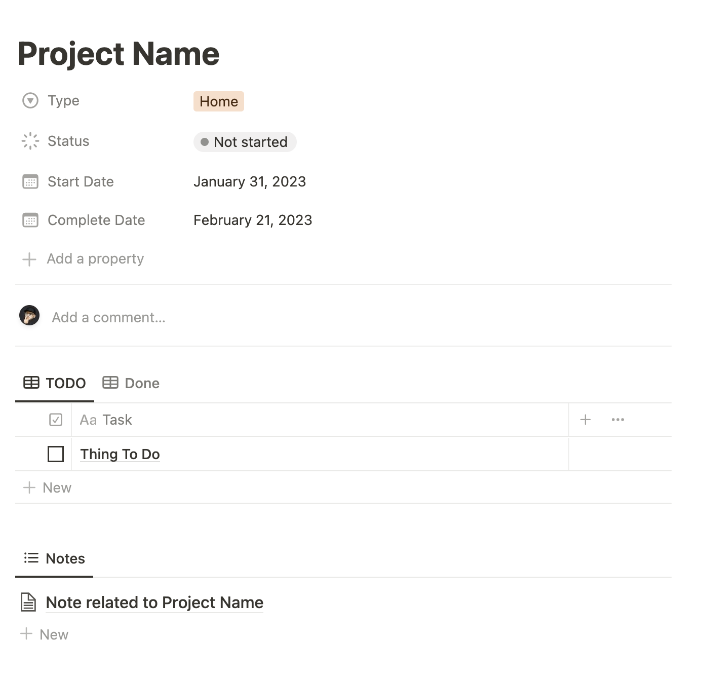 Notion database for project management example