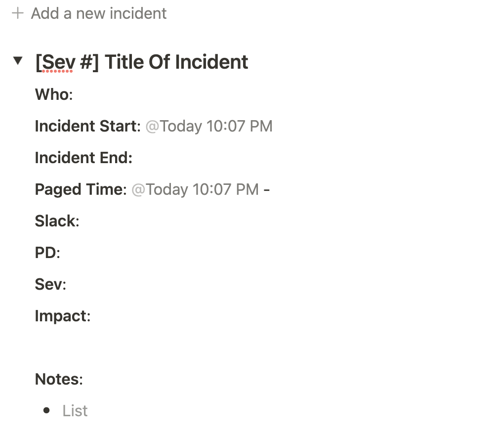 Notion template button for adding new incident toggle