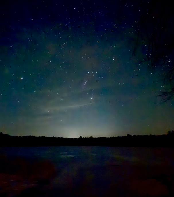 picture across a vast lake with thousands of stars visible in the night sky.